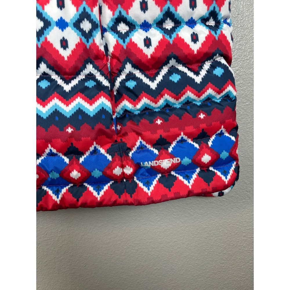 Lands' End Down Puffer Vest Womens L Tall Red Blue White Geometric Aztec Pattern - Picture 4 of 9